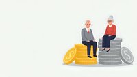 Senior couple sitting on stacks of coins planning retirement savings and financial security for golden years with investment growth strategy.