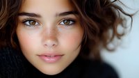 Young woman with freckles, natural makeup, and curly brown hair wearing black sweater in close-up portrait against light background. Soft beauty lighting.