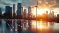Modern cityscape with wind turbine at sunset, reflecting in water with bokeh lights creating magical urban atmosphere. Concept of sustainable energy in cities.