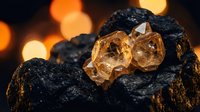 Raw citrine crystals nestled in dark volcanic rock with warm golden bokeh lights creating mystical mineral display for healing and spiritual practices.