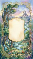 Enchanted fairy tale frame with castle, magical tree and blank scroll for text on fantasy landscape background with golden ornate border and starry sky.