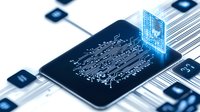 Digital payment technology concept with smartphone displaying electronic circuit pattern and shopping cart hologram connected to barcode network.