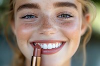 Young woman with freckles and natural makeup applying brown lipstick, showing bright white smile and blue eyes in close-up beauty portrait.