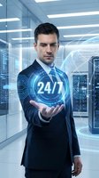 Professional businessman presenting holographic 24/7 service interface in modern data center with digital technology elements and futuristic lighting.