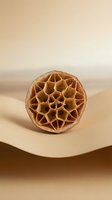 Dried lotus seed pod with intricate geometric cellular structure displayed on neutral beige surface. Natural botanical specimen showcasing organic patterns and textures for design and educational use.