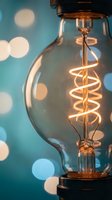 Vintage Edison bulb with spiral filament glowing warmly against soft bokeh lights background for creative lighting and interior design concepts.