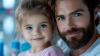 Caucasian father with beard and blue eyes poses with young blonde daughter in tender family moment against soft bokeh background. Loving parent-child relationship.