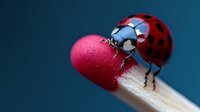Red ladybug with black spots perched on a heart-shaped decoration atop wooden stick against dark blue background.