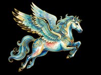 Ornate winged horse with gold and teal decorative details, isolated on transparent background. Ready for t-shirts, stickers, clipart, sublimation, and print-on-demand designs.