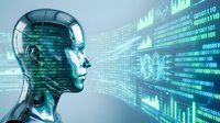 Futuristic AI robot head analyzing digital data streams with binary code, charts and graphs in cyan blue technology interface background.