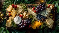 Gourmet cheese board with assorted cheeses, red and purple grapes, berries, and greenery on rustic wooden platter, perfect for entertaining.
