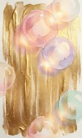 Abstract watercolor composition with golden brushstrokes and translucent colorful circles creating dreamy artistic background for creative projects.