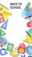 Watercolor back to school frame with educational supplies, stationery items, apple, backpack and colorful splashes for student designs and promotions.