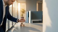 Professional businessman in suit arranging wooden blocks on modern office desk during golden hour lighting for strategic planning and problem-solving concepts.