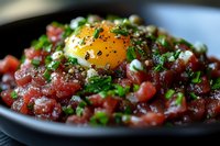 Fresh tuna tartare topped with raw egg yolk, chopped chives, black sesame seeds and seasonings served in dark plate, close up view of gourmet appetizer.