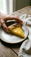 Hand protecting slice of golden lemon tart on rustic ceramic plate with linen napkin on wooden table in natural light for food photography and culinary content.