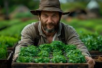 Bearded farmer in brown hat smiling while tending to organic microgreens in wooden box at sustainable farm, surrounded by lush green vegetation.