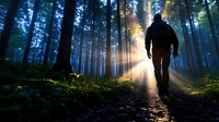 Silhouette of person walking alone on forest path at dawn with dramatic sunbeams breaking through tall pine trees creating mystical atmospheric scene in misty woods.