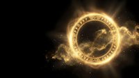Golden mystical portal ring with ornate engravings glowing in cosmic space surrounded by stardust and light particles for fantasy gaming designs.