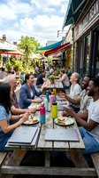 Diverse group of friends and colleagues enjoying lunch together at an outdoor patio restaurant with colorful awnings, dining and socializing in a vibrant urban setting.