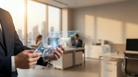 Businessman holding digital tablet with holographic data visualization in modern office environment with colleagues working in background.