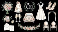 Watercolor wedding clipart set with dress, cake, rings, bouquet, car, champagne, and floral elements, isolated on transparent background, ready for stickers, cards, and print on demand.