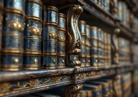 Antique leather-bound books with ornate gold decorations and embossing arranged on wooden library shelves, creating atmospheric depth with selective focus.
