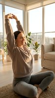 Woman stretching arms overhead while sitting on floor in bright apartment with potted plants and city view, wellness and morning routine concept for lifestyle and health content.