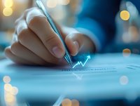 Close-up of hand signing financial document with upward trending graph line, soft bokeh lights in background, business success concept in blue tones.