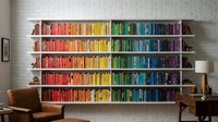 Modern home library with color-coordinated books arranged in rainbow spectrum on wooden shelves against white brick wall in contemporary living room interior.