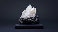 Raw white quartz crystal cluster emerging from dark rough stone base on black platform against dark background, showcasing natural mineral formation.