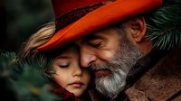 Tender moment between senior man with gray beard wearing orange hat and young girl among pine branches, expressing family bond and generational connection in moody lighting.