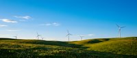 Wind turbines dotting rolling green hills under clear blue sky, representing renewable energy and sustainable power generation for environmental projects.