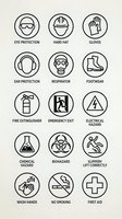 Workplace safety icons set featuring personal protective equipment and hazard warning symbols for industrial and construction environments.