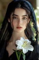 Young woman in black lace veil holding white lily flower, with soft natural lighting and blurred background creating romantic atmosphere. Suitable for fashion and portrait photography.