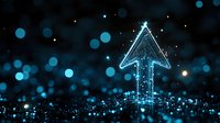 Glowing blue neon arrow pointing upward against dark background with bokeh lights and digital particles, symbolizing growth, success and technological advancement.
