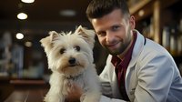 Young Caucasian male veterinarian in white coat smiling while holding adorable West Highland White Terrier puppy during checkup at modern veterinary clinic.