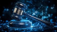 Wooden judge gavel on digital network background with glowing blue particles and bokeh lights representing digital law and cyber justice system.