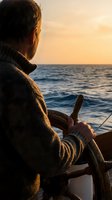 Man steering sailboat at golden hour sunset on ocean waters with warm light creating peaceful maritime atmosphere for sailing and nautical adventures.