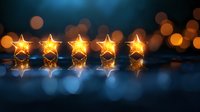 Five glowing golden stars in a row with reflections on dark blue background with bokeh lights creating luxurious rating or review concept.