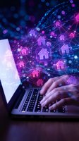 Digital real estate network concept with hands typing on laptop and connected house icons for property technology and smart home automation.