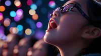Young Asian woman wearing glasses looking up with wonder and amazement against colorful bokeh lights background creating magical atmosphere for inspiration concepts.