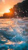 Ocean wave splash captured at golden sunset with water droplets sparkling in sunlight, creating dynamic motion against orange and turquoise colors of dusk.