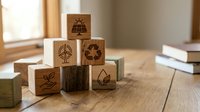 Wooden blocks stacked in pyramid formation with engraved sustainability symbols including leaf, recycling, and solar icons on natural wood surface near window for environmental awareness concepts.