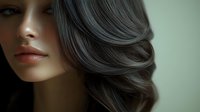 Close-up portrait of young woman with glossy lips and elegant wavy gray hair against soft green background. Perfect for beauty and hair styling advertisements.