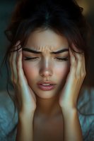 Young woman experiencing severe headache holding head in hands with pained expression showing stress and migraine symptoms in moody lighting.