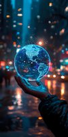Glowing digital earth globe hovering above hand against urban night cityscape with bokeh lights, representing global technology and connectivity.