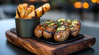 Grilled chicken sausages garnished with fresh herbs served on wooden board with crispy breadsticks in black cup. Restaurant quality gourmet meal presentation.