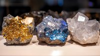 Raw mineral specimens displaying vibrant colors and crystalline formations, including golden pyrite, blue-tinted quartz, and clear crystal clusters on neutral background.