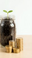 Green seedling growing in glass jar with soil next to stacks of golden coins representing financial growth, investment success and money savings concept.